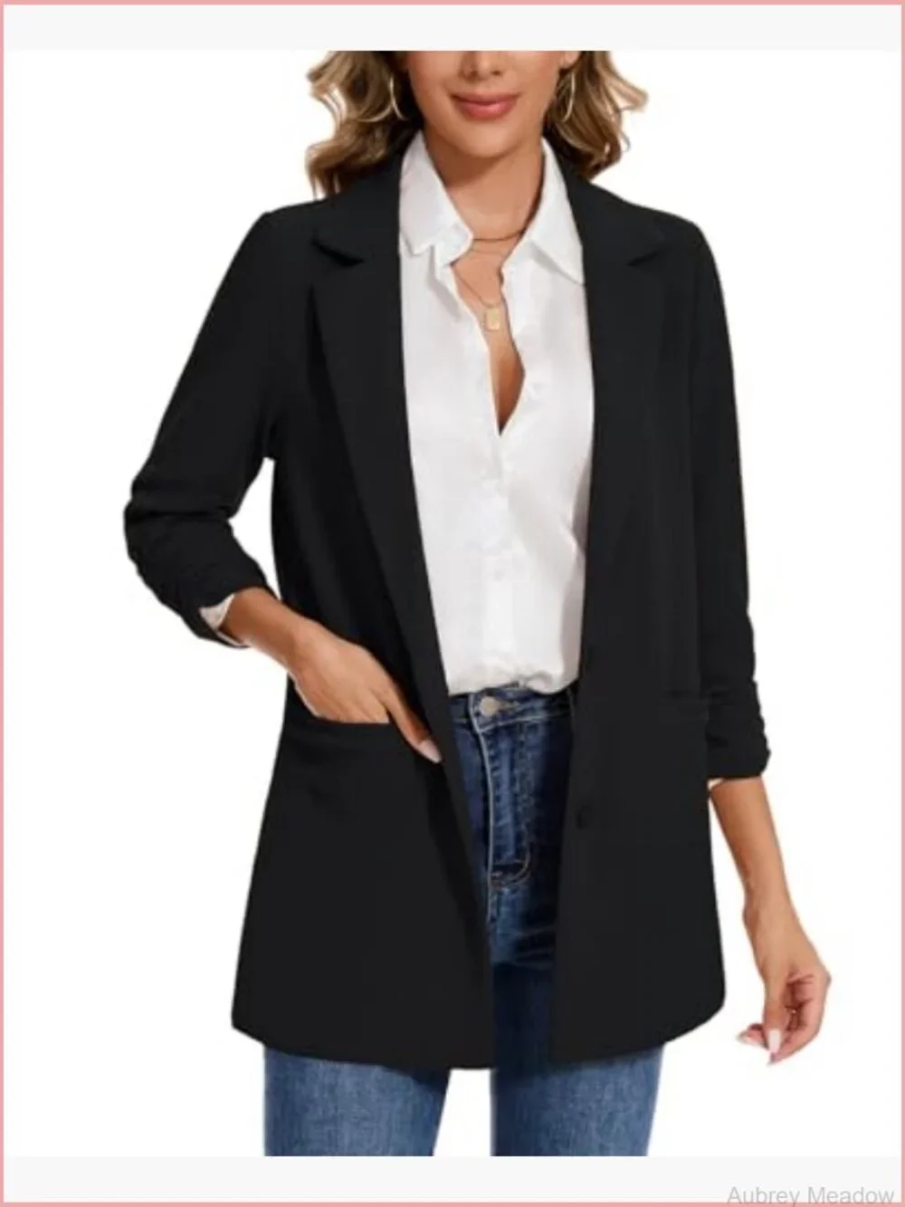 Women's Casual Long Blazer 3/4 Ruched Sleeve Lapel Button Front Work Blazer